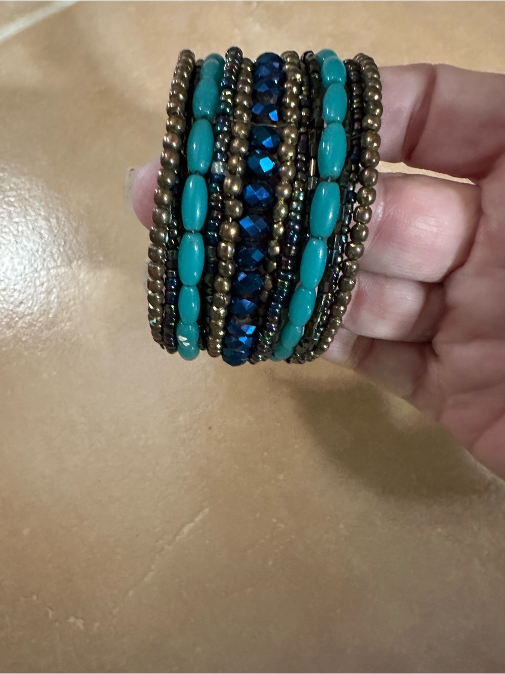 Turquoise & Navy Beaded Multi-Strand Cuff Women's Bracelet